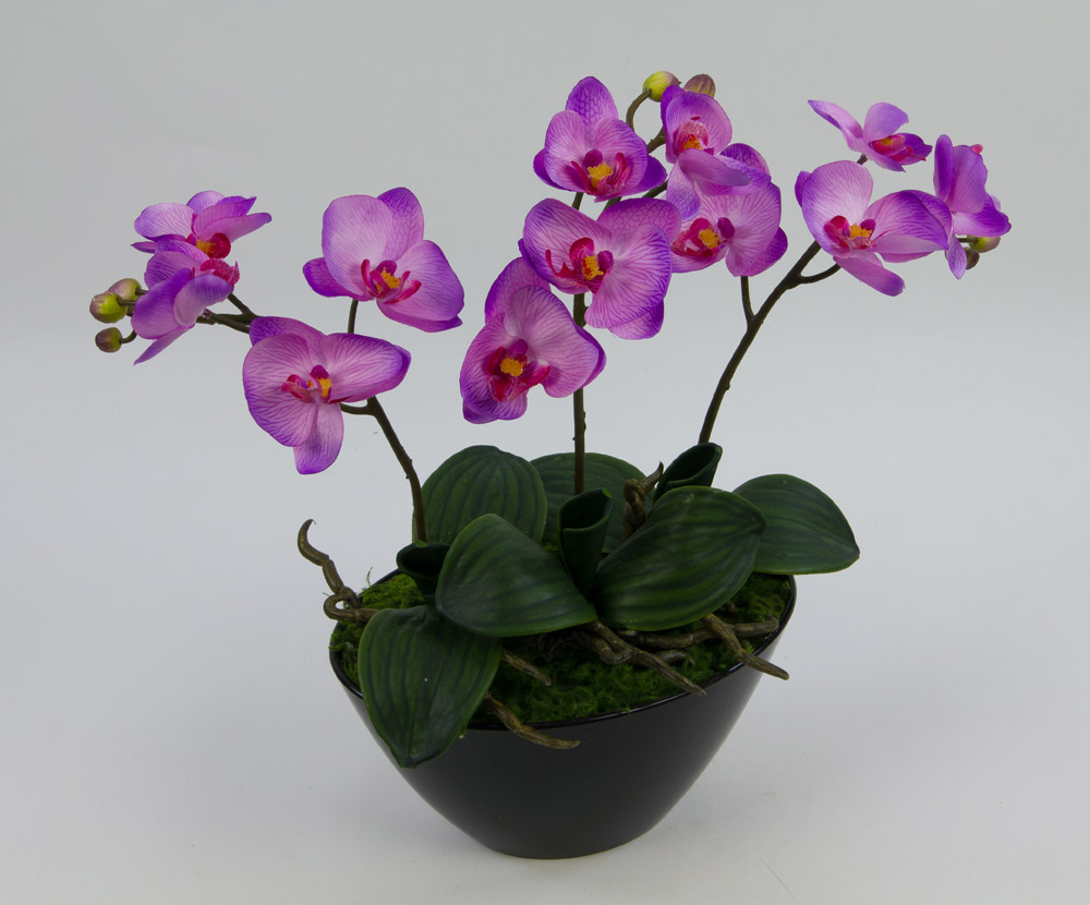 Orchideen Arrangement lavendel flieder in schwarzer Dekoschale AR Kunstblumen kuenstliche Orchidee